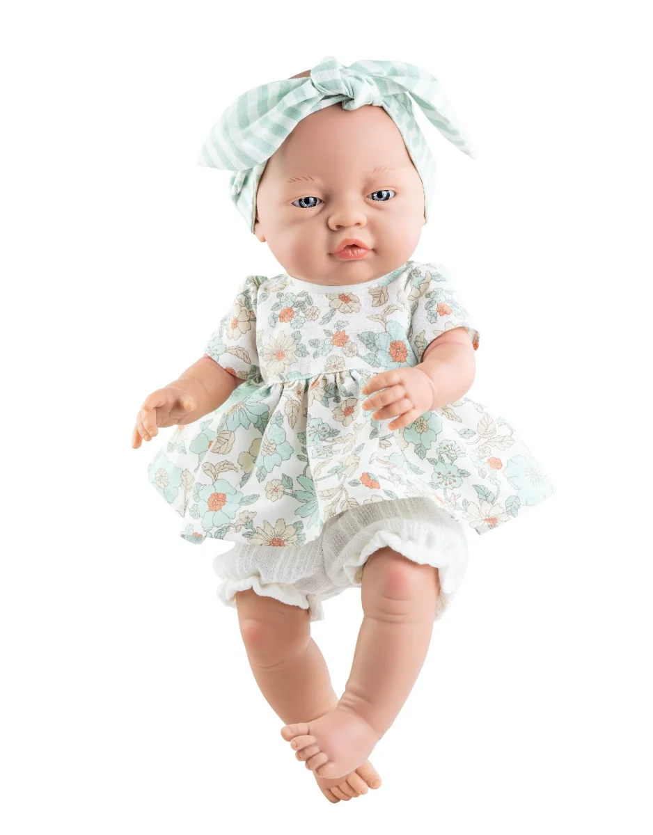Poupée Los Bebitos - Bébé fille avec robe florale turquoise et bandeau ligné - Paola Reina - Boutique Maman & Bébé – Produits Essentiels au Quotidien - Poupee lullababy