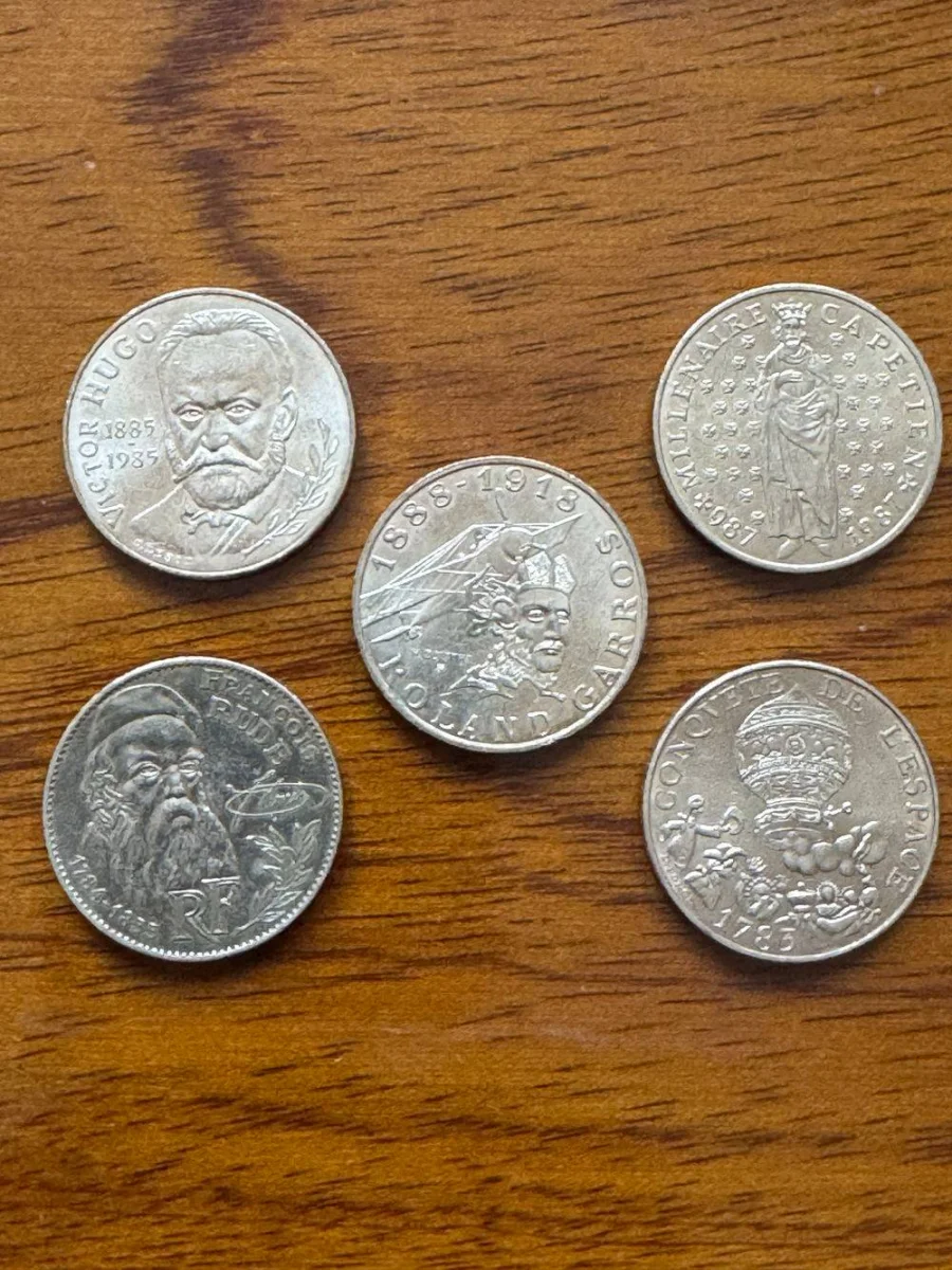 Lot de 5 Pièces de monnaie de 10 Francs – Commémoratives – Hugo – Roland Garros – Rude – Capétien – Espace – Collection – Numismate - Éclairage de qualité avec frais de port offerts - {'count': 1, 'name': 'enchères'}