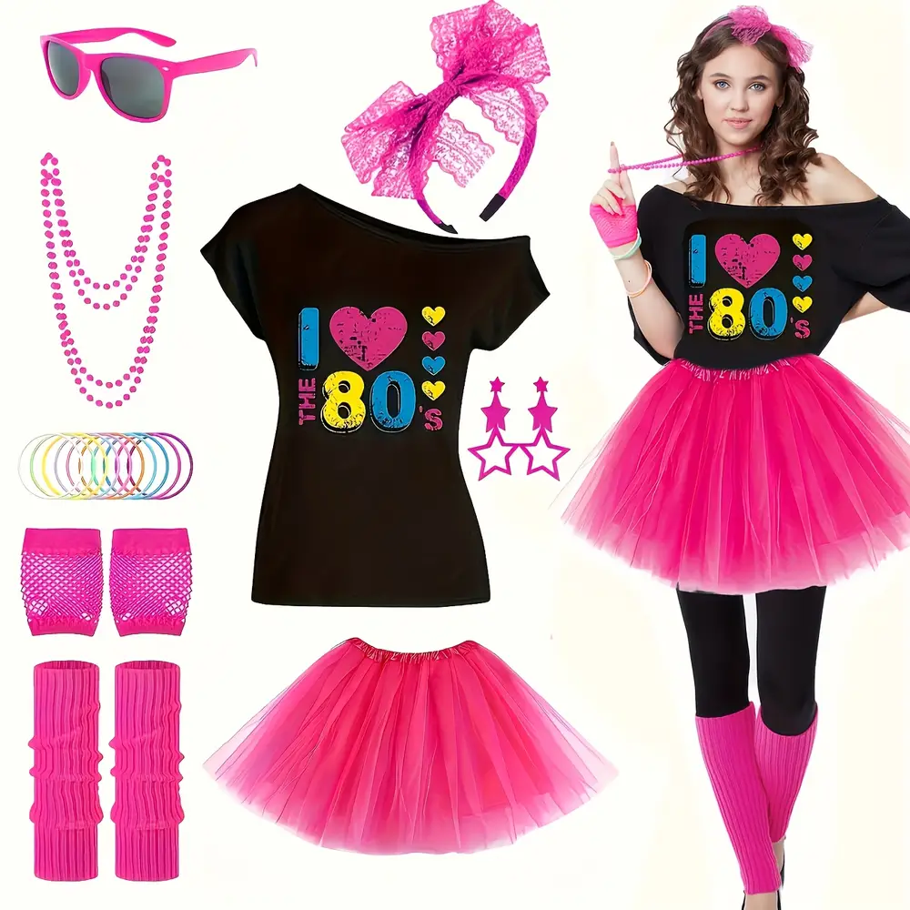 Déguisement rétro années Paillette 80 complet – T-shirt, jupe, accessoires disco - Éclairage de qualité avec frais de port offerts