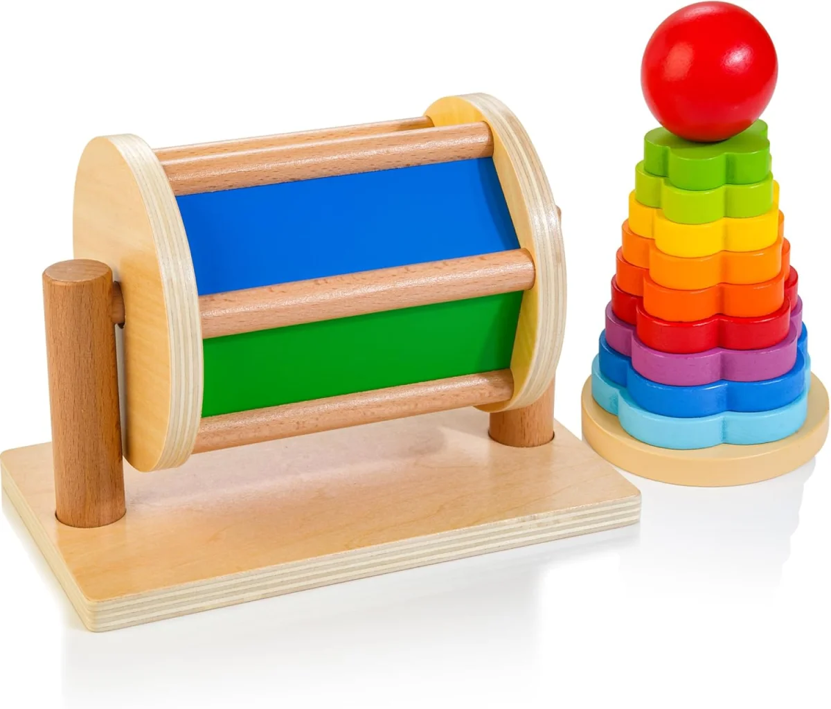 Tambour Rotatif et petit Empileur Arc-en-Ciel Montessori pour Tout-Petits de 1 à 3 Ans - Vins Rouges Harmonieux pour Chaque Occasion