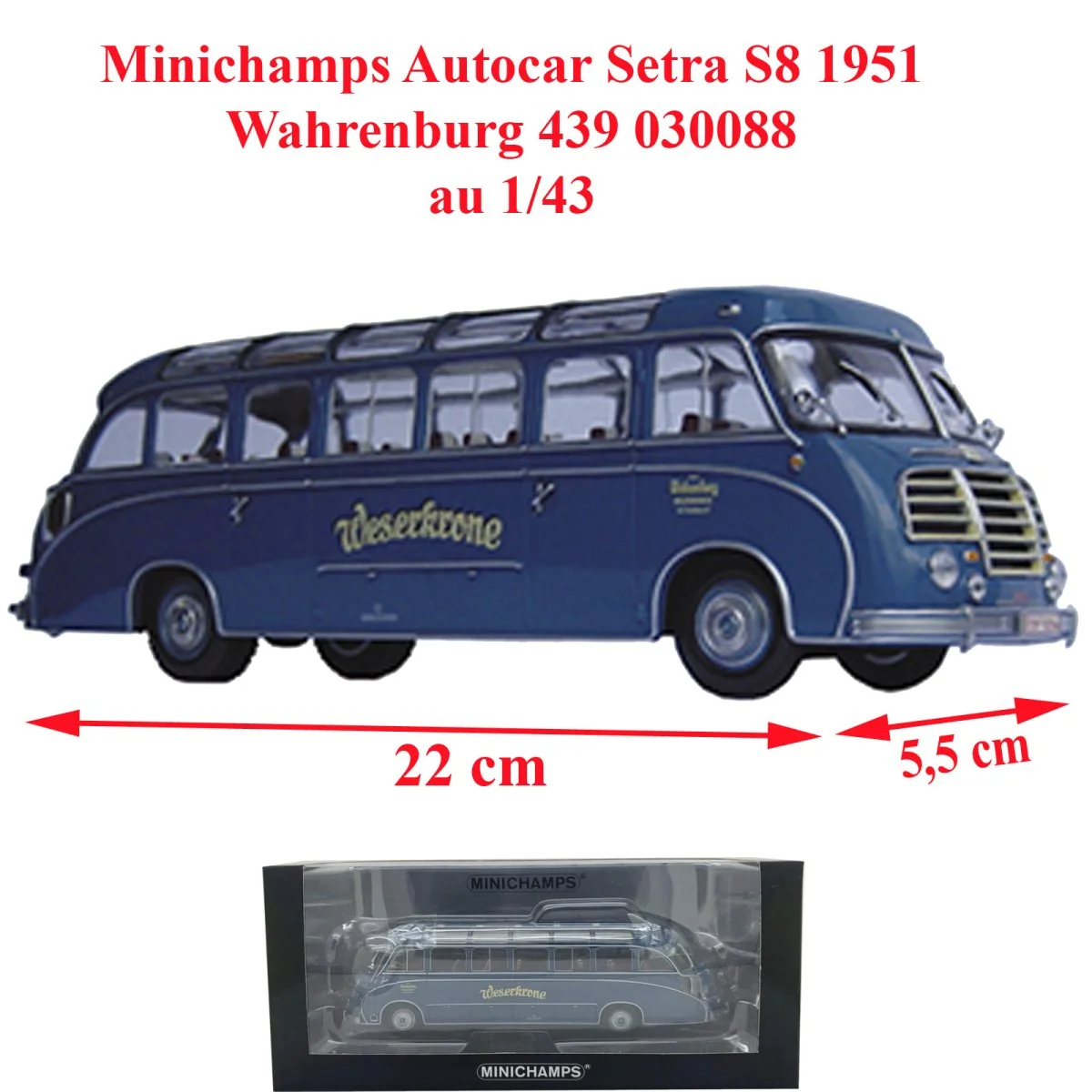 Minichamps, autocar Setra S8 1951 Wahrenburg au 1/43ème - Accessoires Outdoor pour Plus de Liberté de Mouvement AWM Setra S 411 HD turquoise 11051