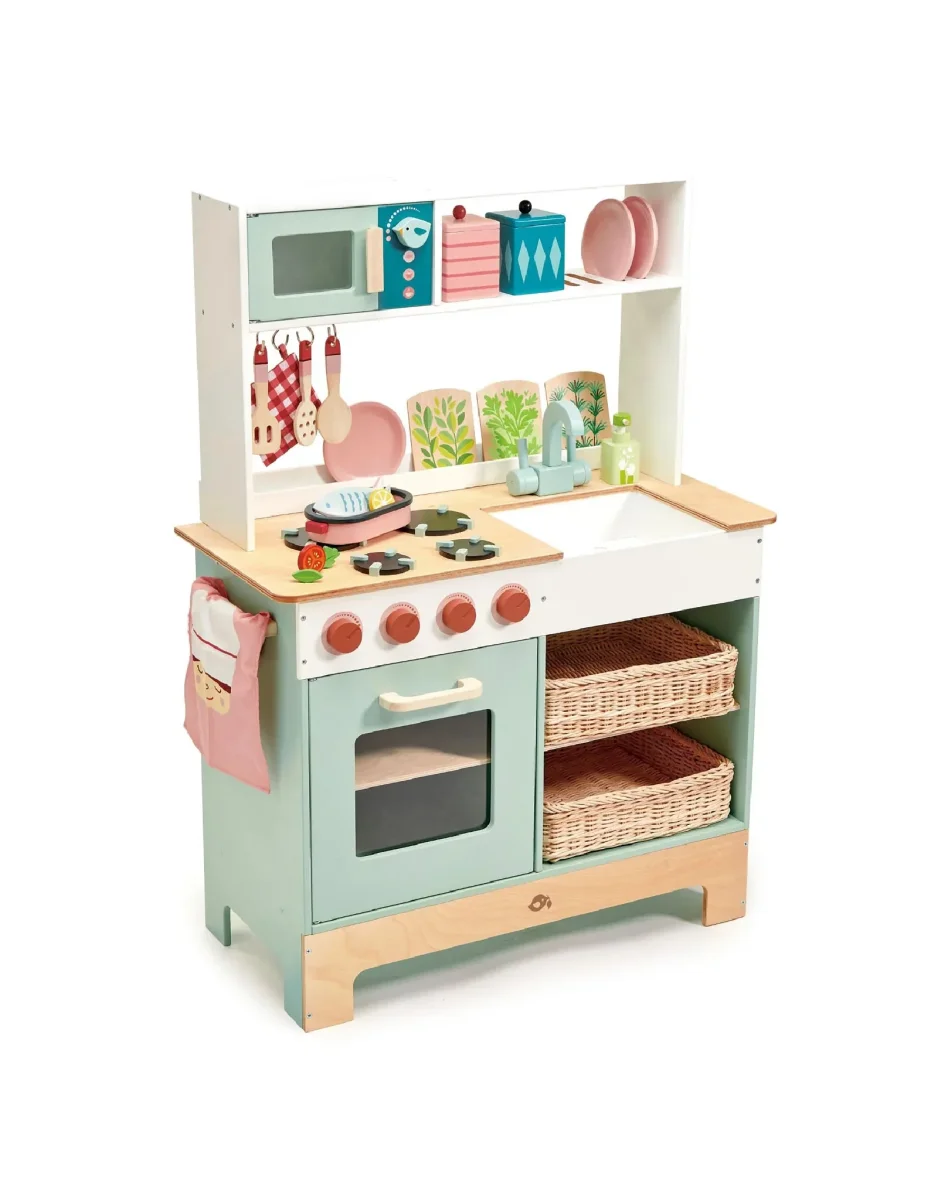 Cuisinette de bois - Tender Leaf Toys - Boutique Maman & Bébé – Produits Essentiels au Quotidien Cuisine en bois FSC® équipée avec rideau multicolore - Vertbaudet