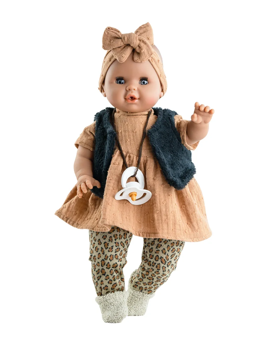 Poupée Alex & Sonia BEBE - Sonia avec robe caramel et legging léopard - Paola Reina - Boutique Maman & Bébé – Produits Essentiels au Quotidien