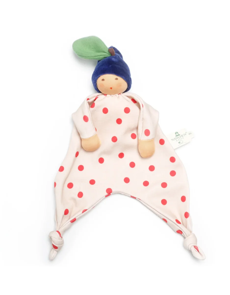 Poupée doudou biologique hochet Petite myrtille pois Nanchen Natur Boutique Maman Bébé Produits Essentiels Quotidien